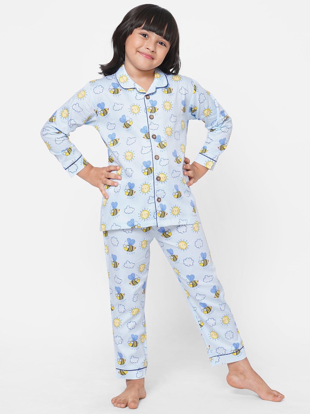 

CASA DE NEE NEE Kids Blue & Yellow Honeybee Printed Pure Cotton 2 Pc Night Suit