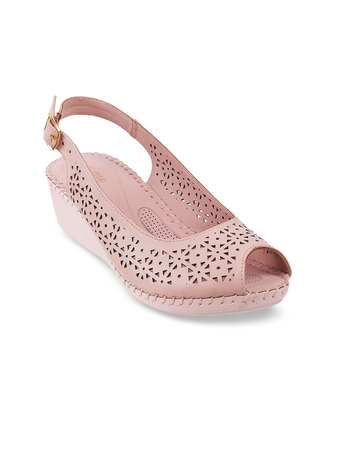 

Mochi Pink Textured Wedge Peep Toes with Laser Cuts