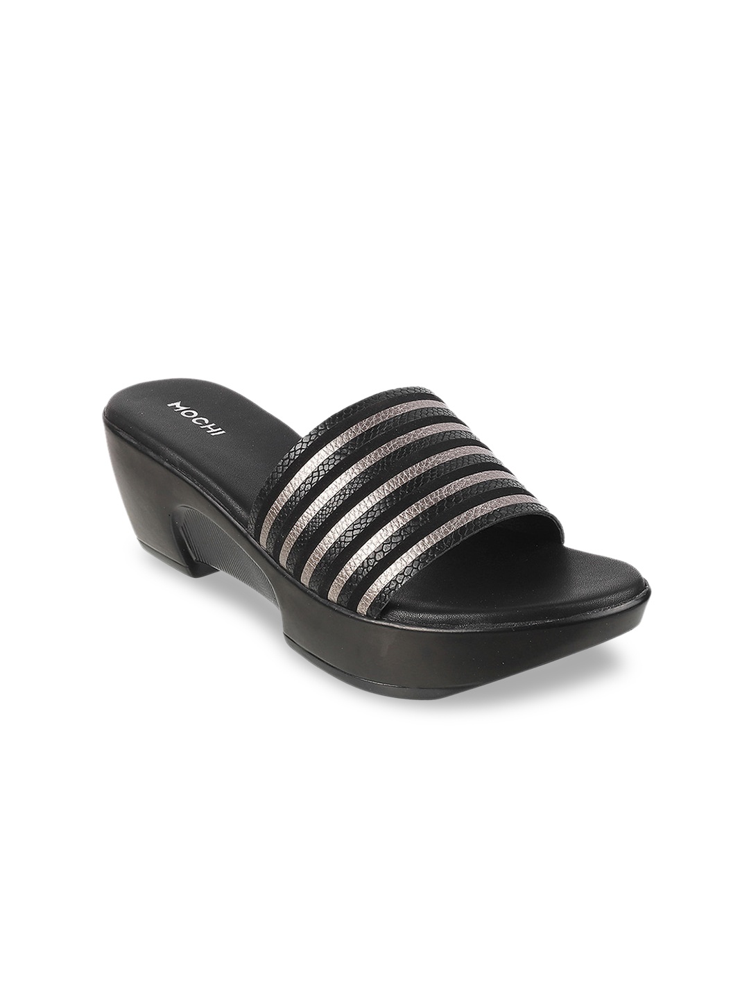 

Mochi Black & Beige Striped Wedge Heels
