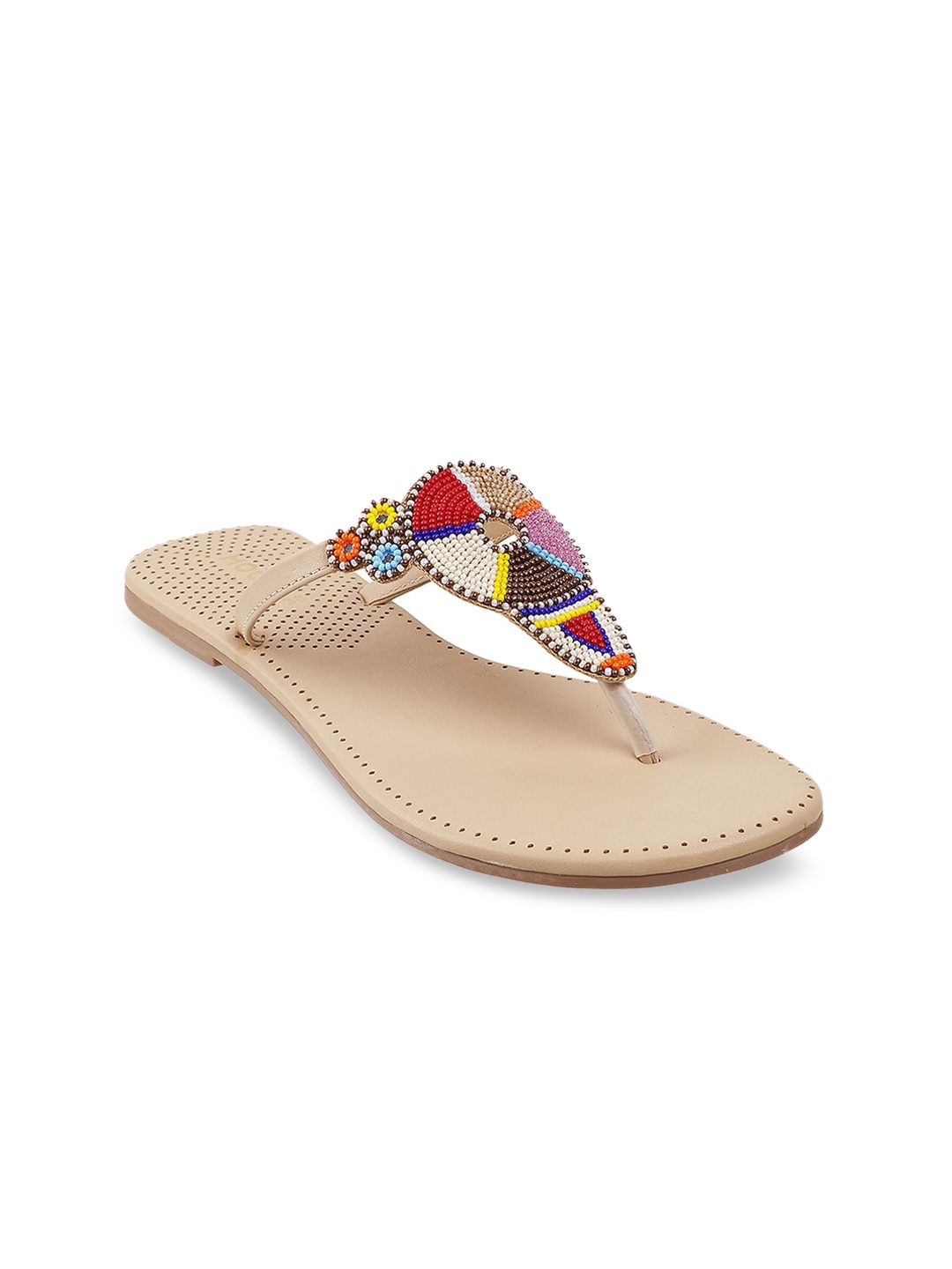 

Mochi Women Multicoloured Embellished Leather Ethnic T-Strap Flats, Multi