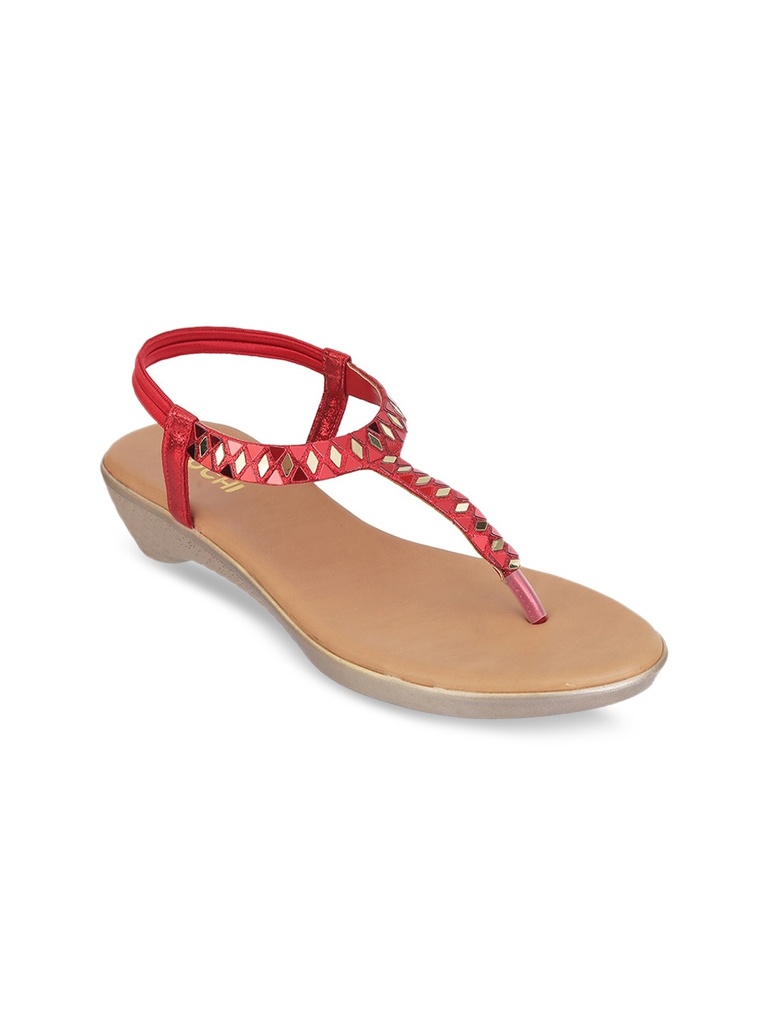 

Mochi Women Red Embellished T-Strap Flats