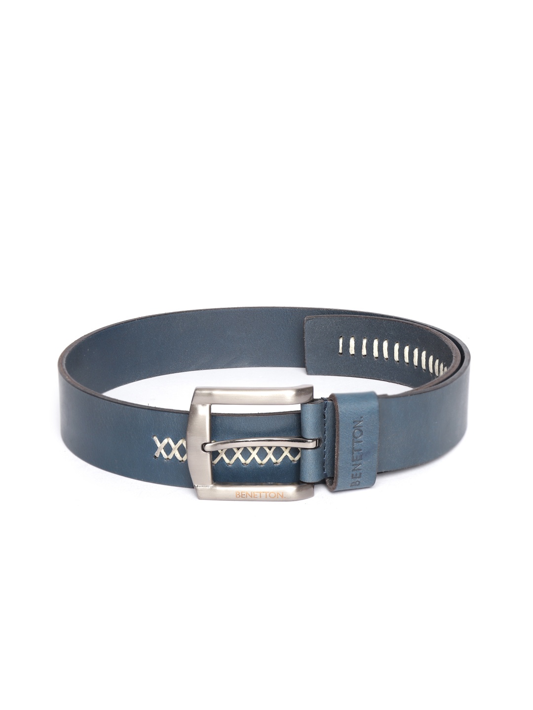 

United Colors of Benetton Men Navy Blue & White Thread Work Leather Belt