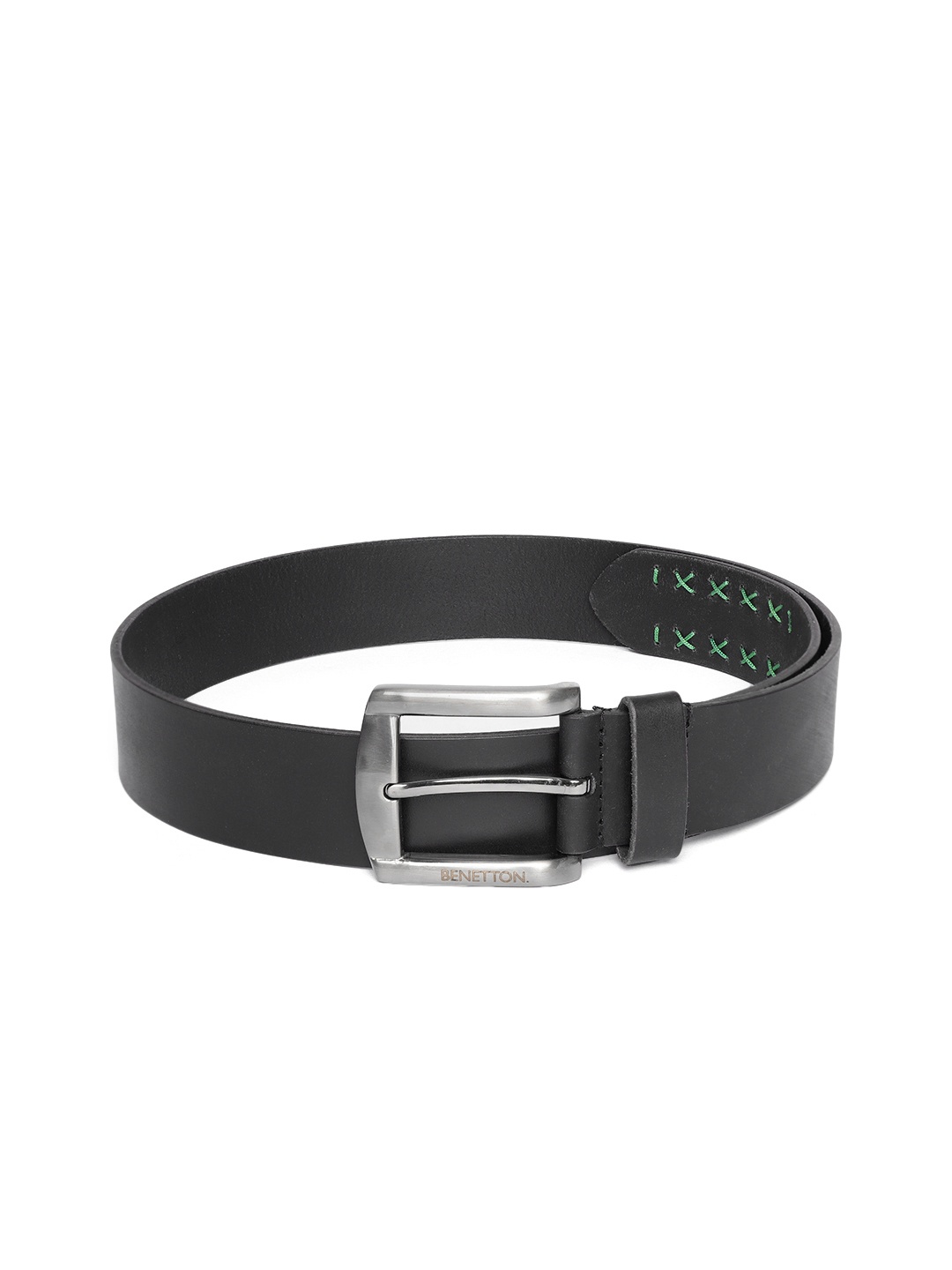 

United Colors of Benetton Men Black & Green Thread Work Leather Belt