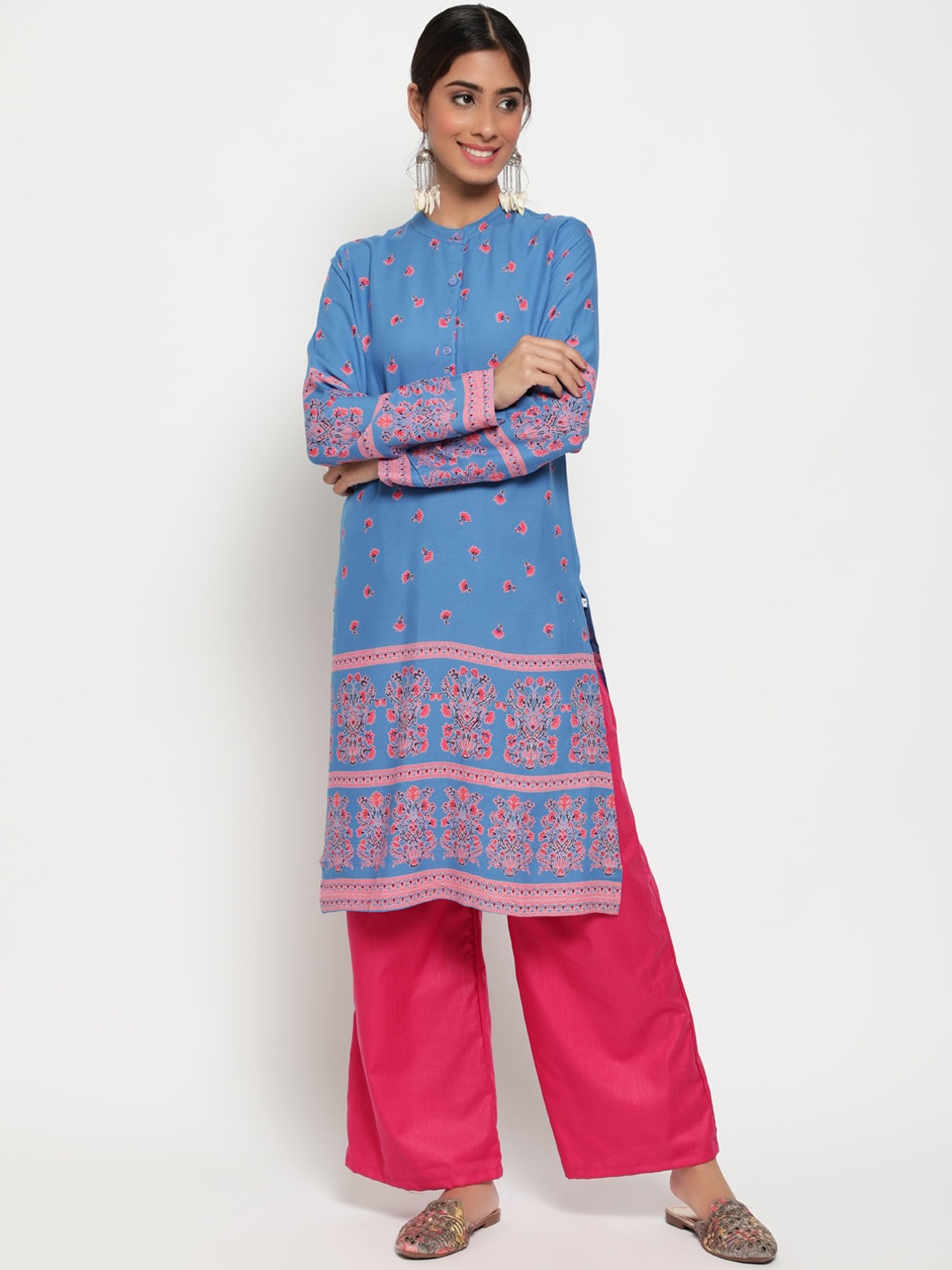 

antaran Women Blue & Pink Ethnic Motifs Printed Kurta