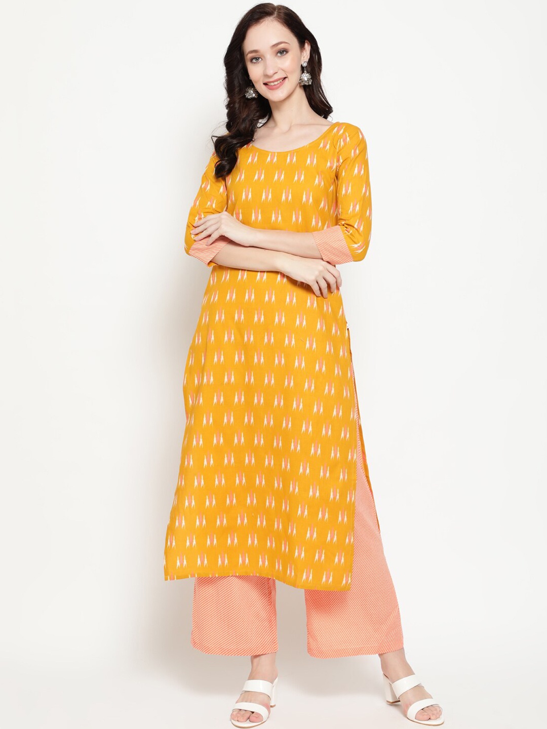 

antaran Women Yellow & Pink Printed Regular Pure Cotton Kurta With Palazzos