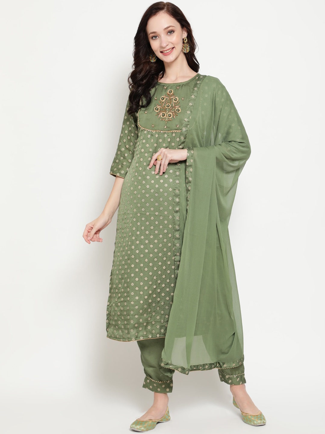 

antaran Women Green Ethnic Motifs Printed Regular Thread Work Kurta with Trousers & With Dupatta