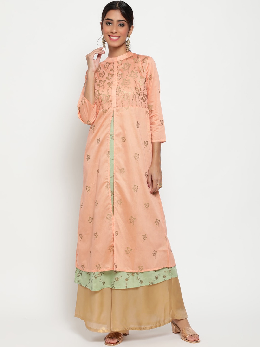 

antaran Women Peach & Green Ethnic Motifs Anarkali Kurta