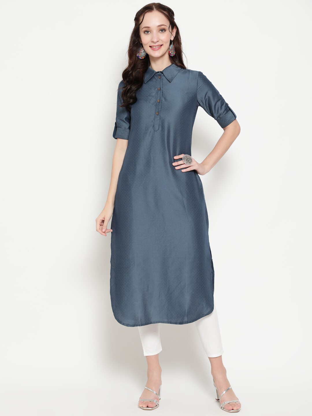 

antaran Women Blue Thread Work Pathani Kurta