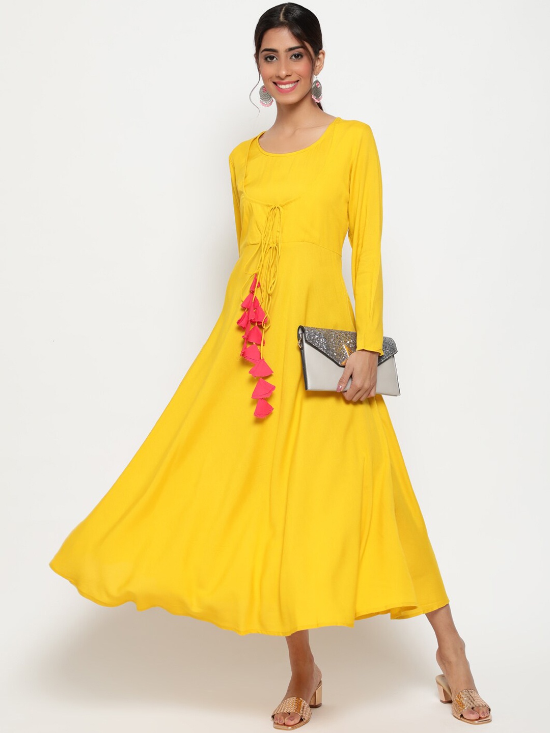 

antaran Women Mustard Yellow Embroidered Anarkali Kurta