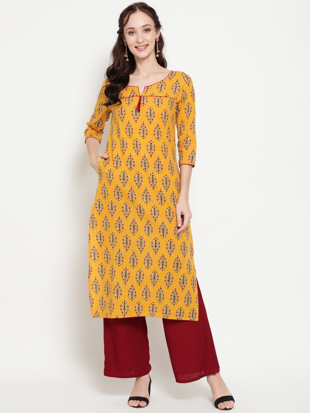 

antaran Women Mustard Yellow Quirky Printed Flared Sleeves Kurta
