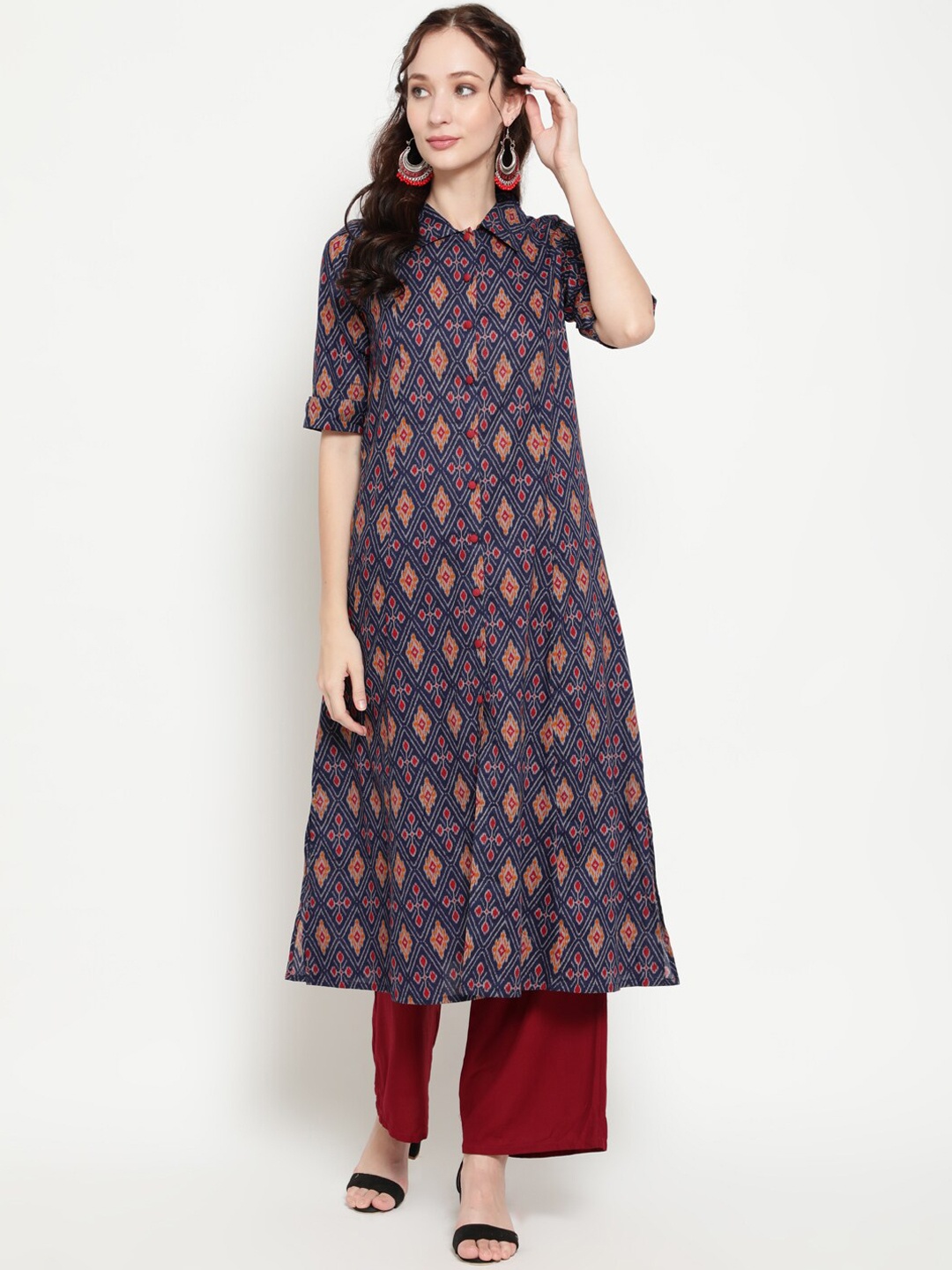 

antaran Women Blue Ethnic Motifs Printed A-Line Kurta
