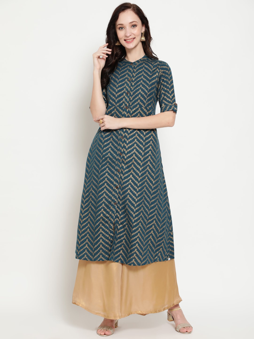 

antaran Women Teal Blue Chevron Printed Kurta