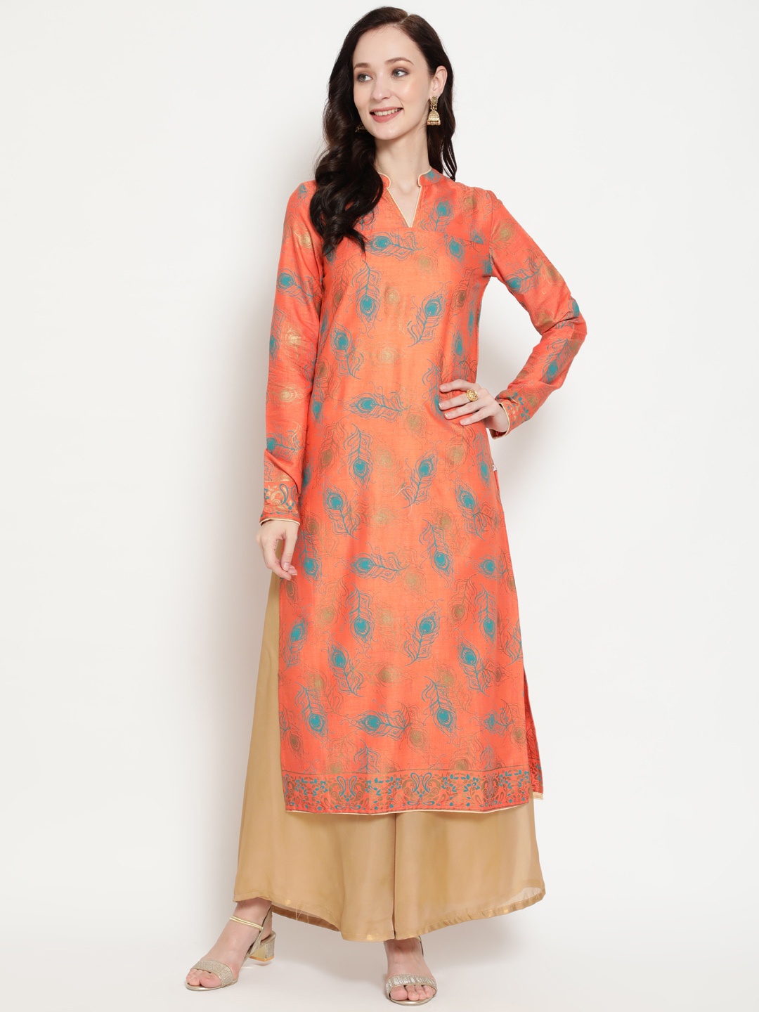 

antaran Women Peach-Coloured Floral Printed Kurta