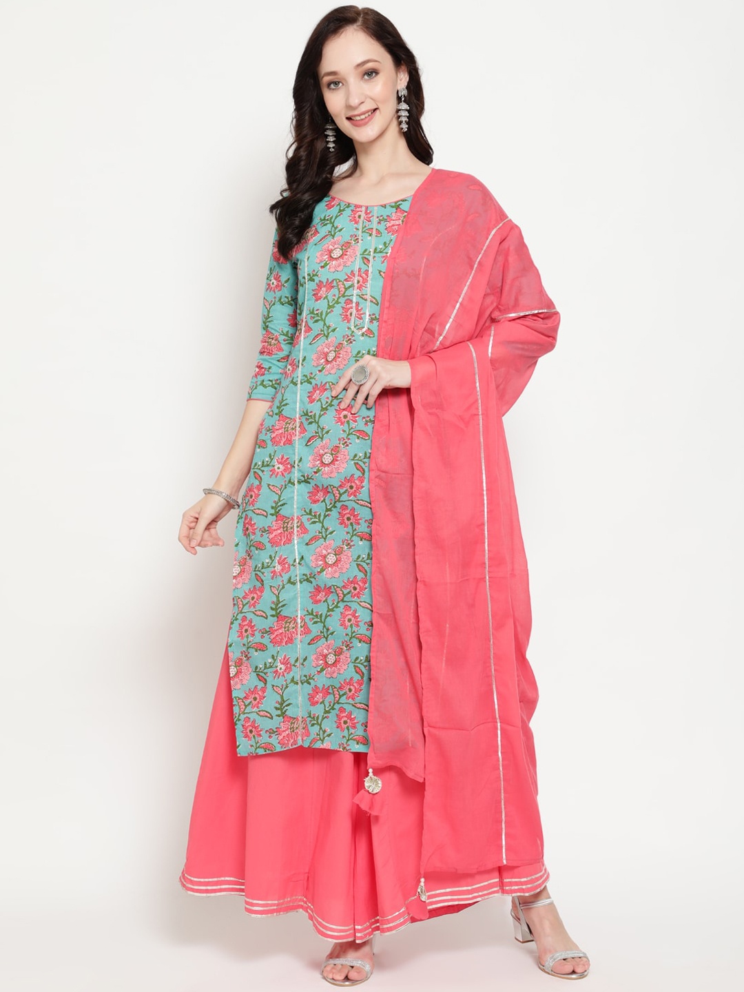 

antaran Women Blue & Pink Floral Printed Gotta Pure Cotton Kurta with Palazzos & Dupatta