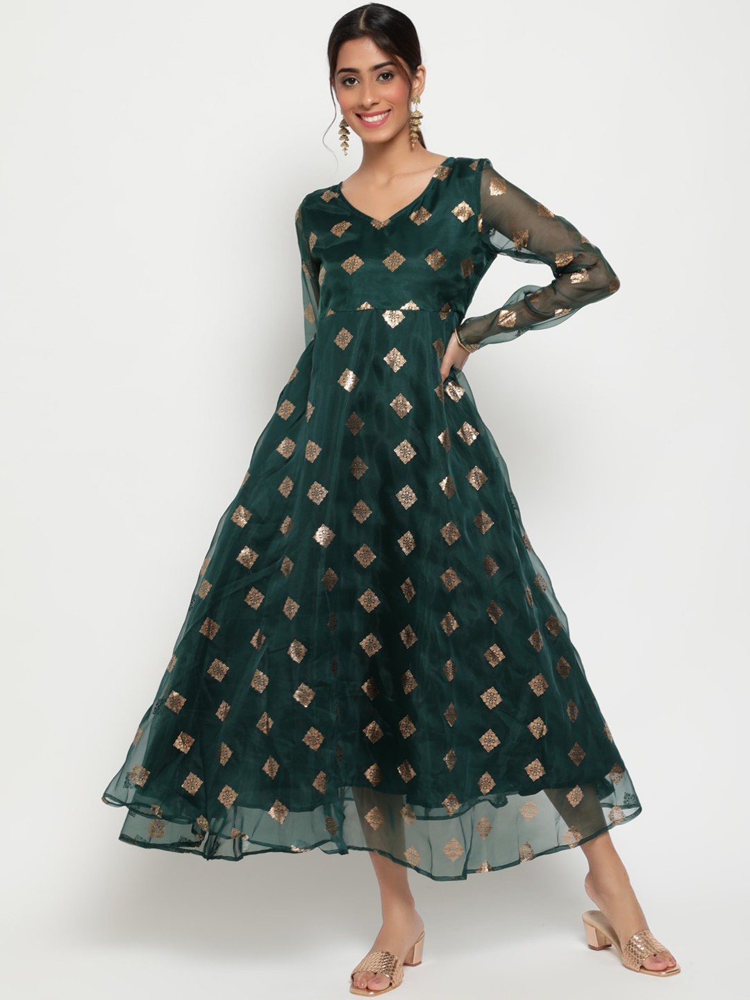 

antaran Women Green & Gold-Toned Ethnic Motifs Foil Printed Anarkali Kurta