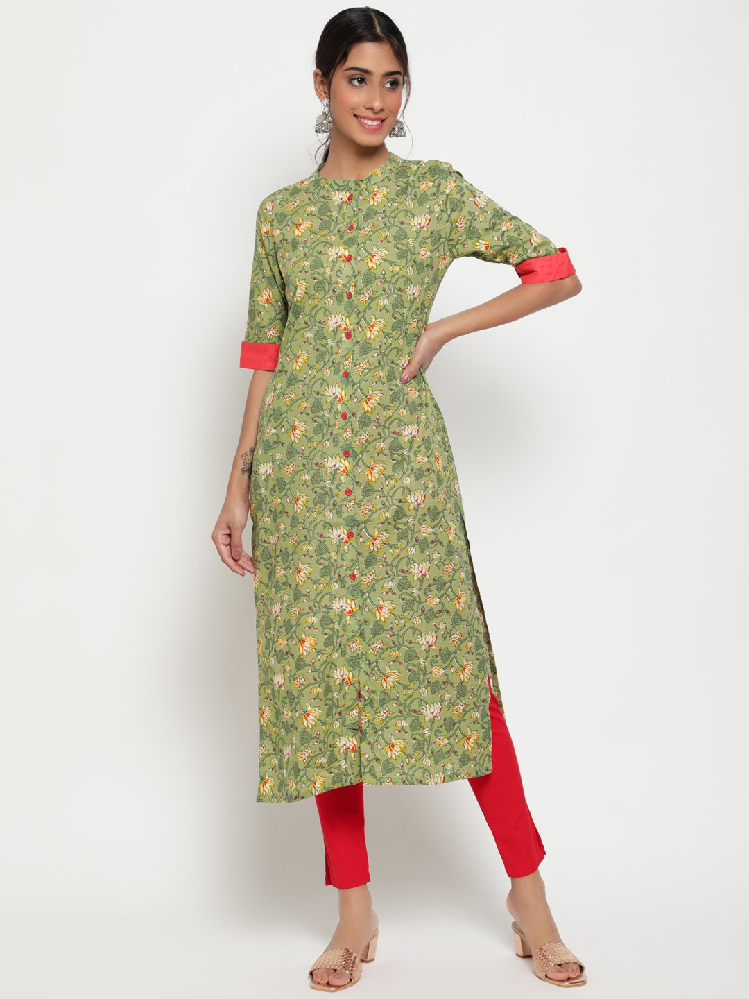 

antaran Women Green Floral Printed Kurta