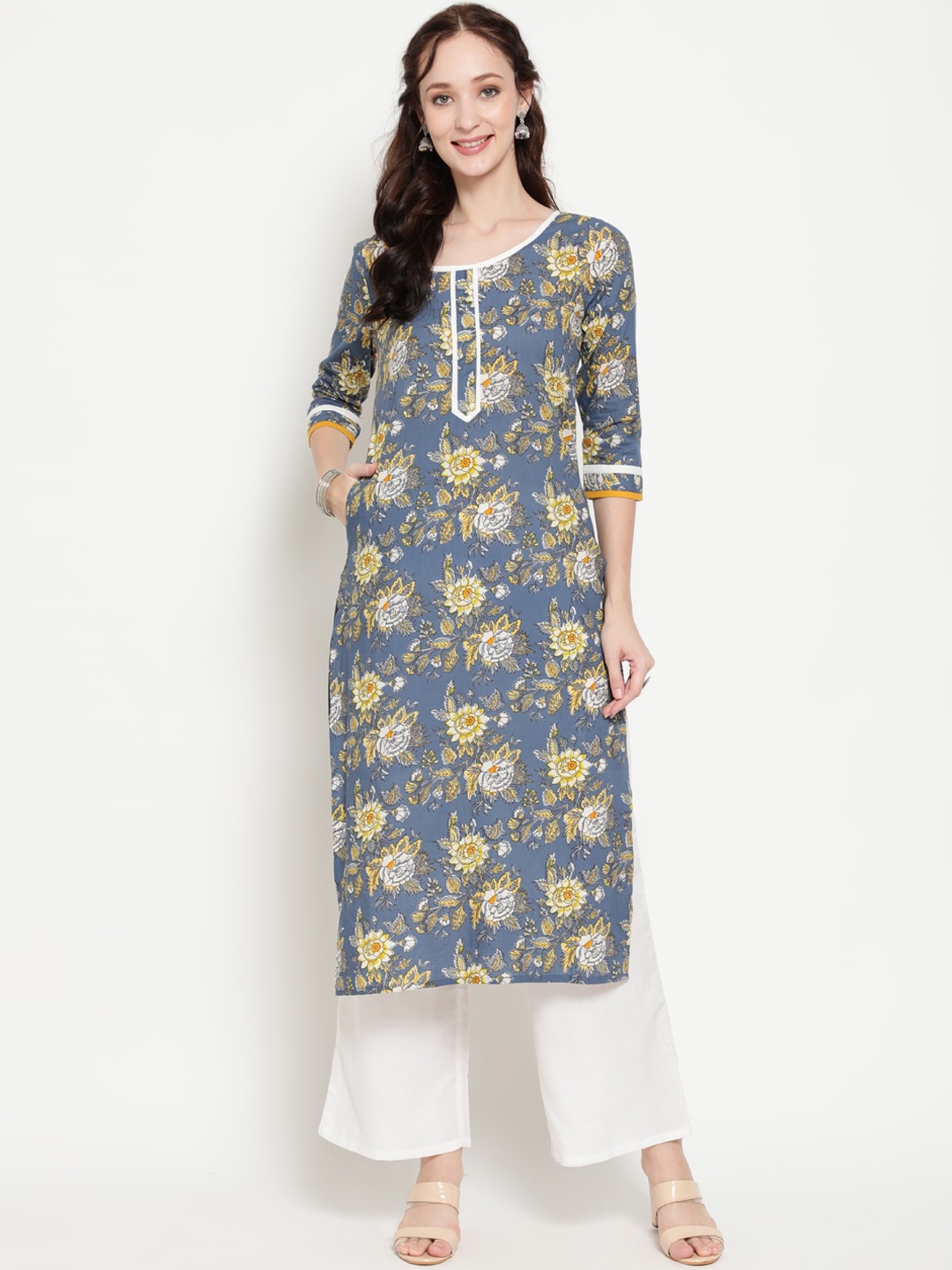 

antaran Women Blue Floral Printed Straight Kurta