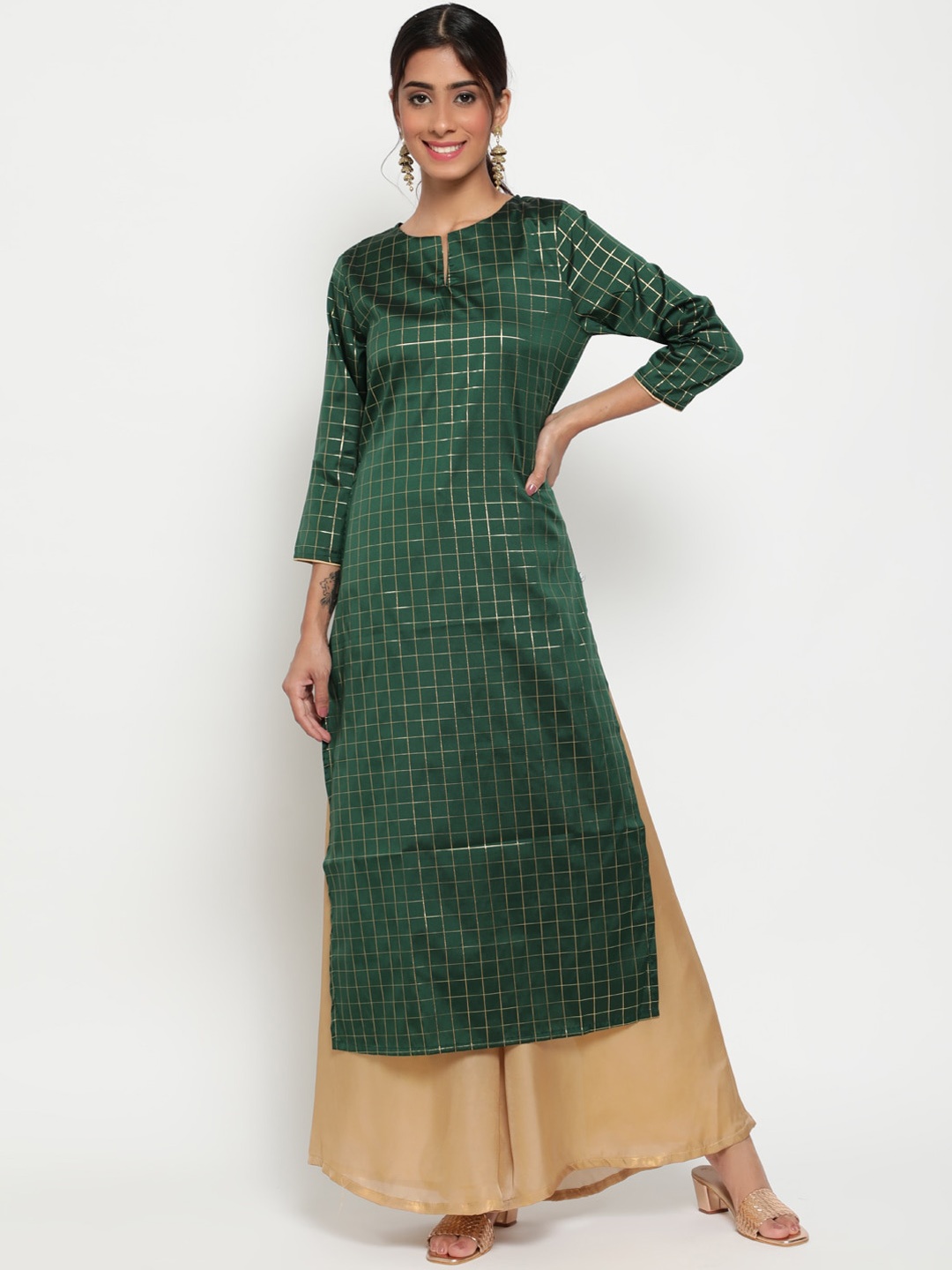 

antaran Women Green Checked Keyhole Neck Flared Sleeves Thread Work Kurta