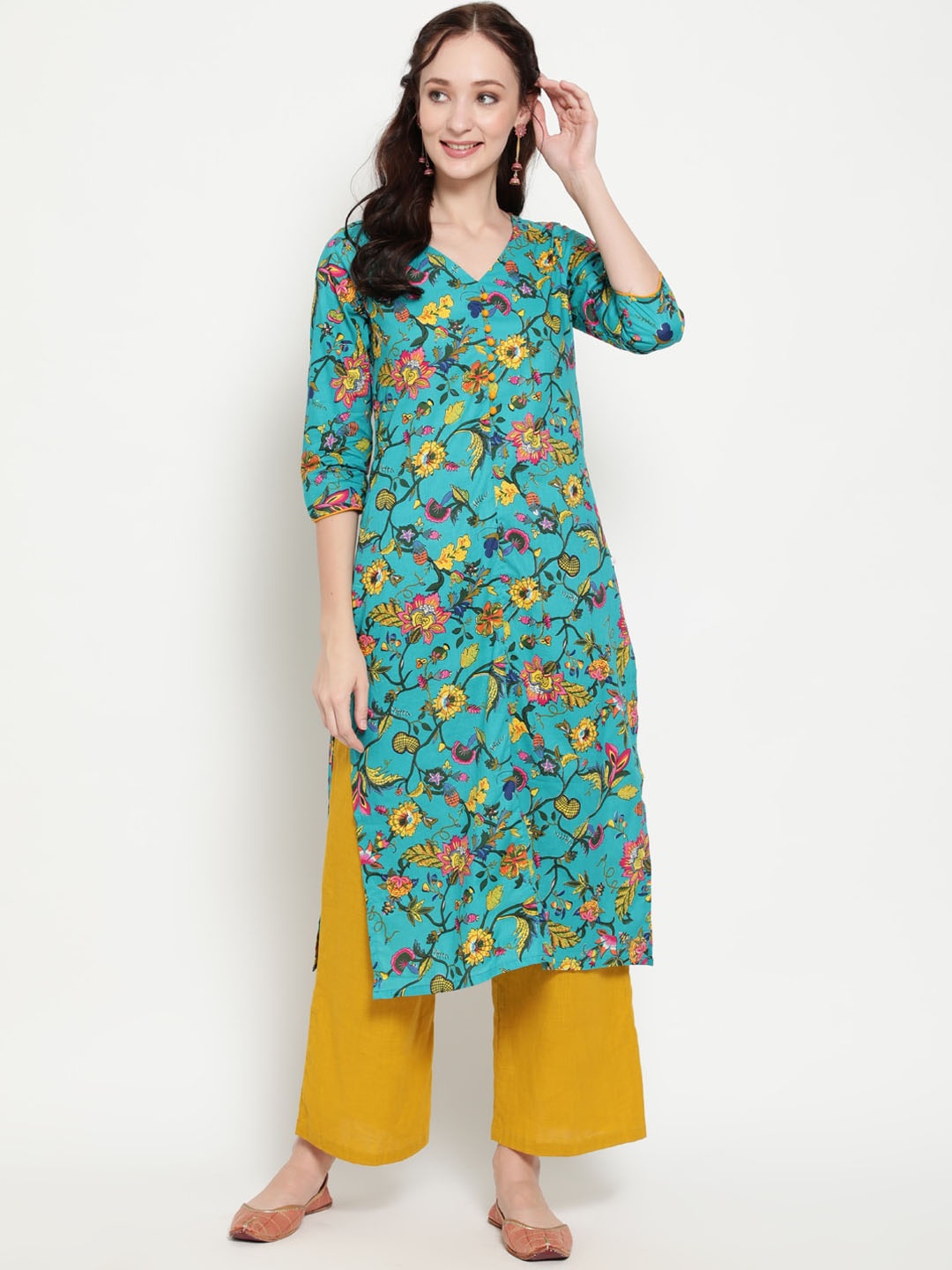 

antaran Women Green Floral Printed Kurta