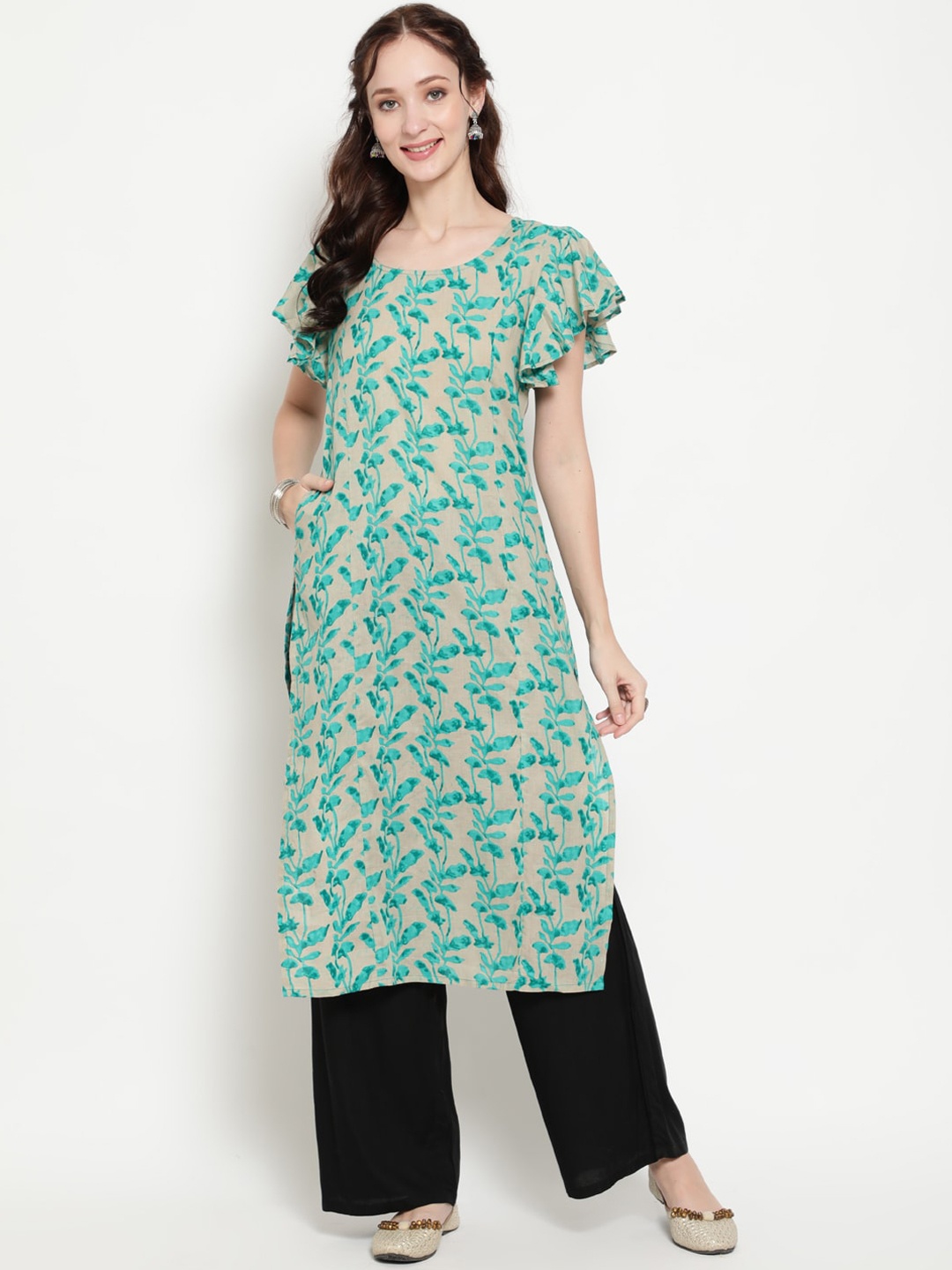 

antaran Women Blue Ethnic Motifs Printed Flared Sleeves Thread Work Kurta