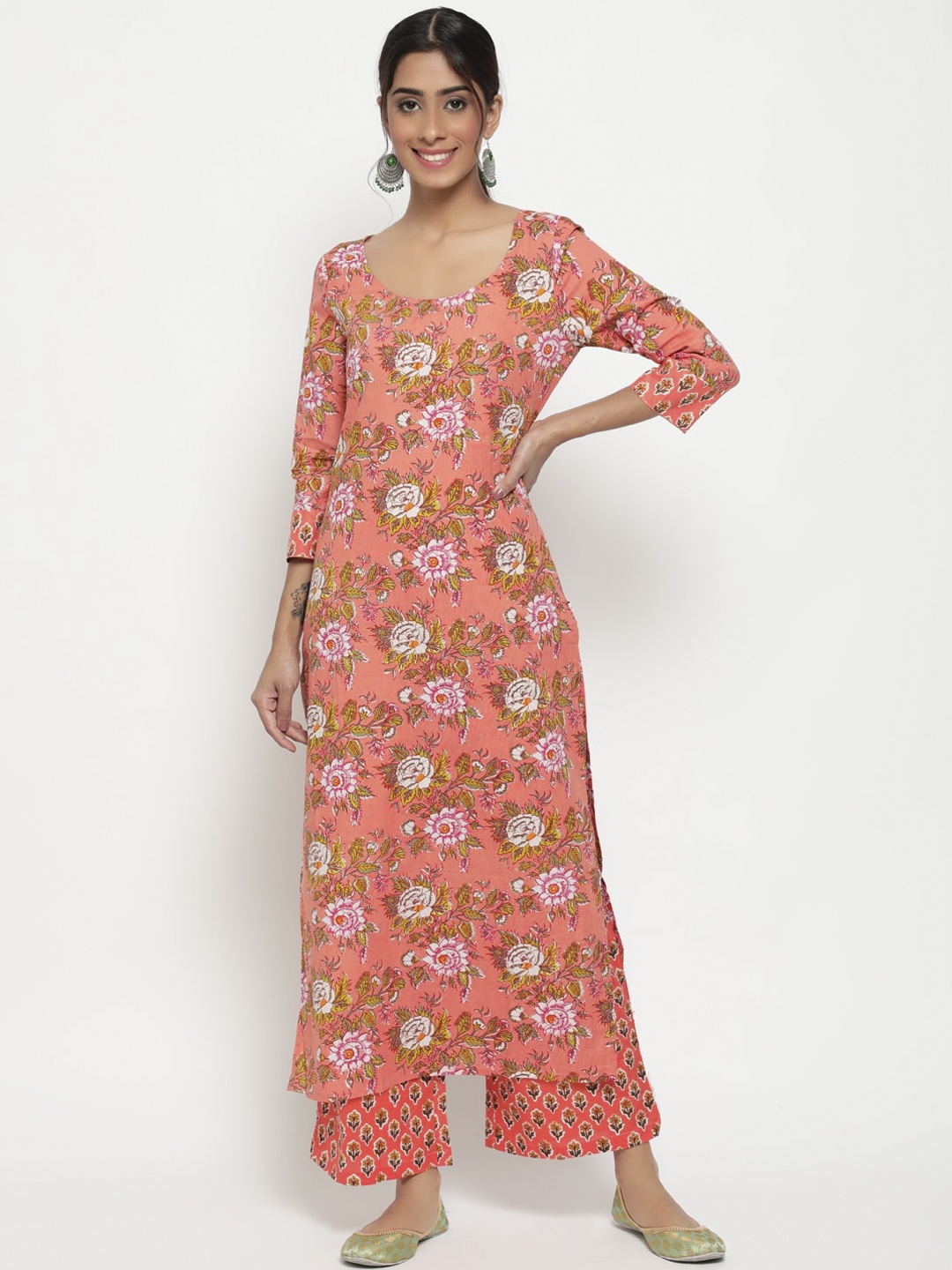 

antaran Women Peach-Coloured Floral Printed Pure Cotton Kurta with Palazzos