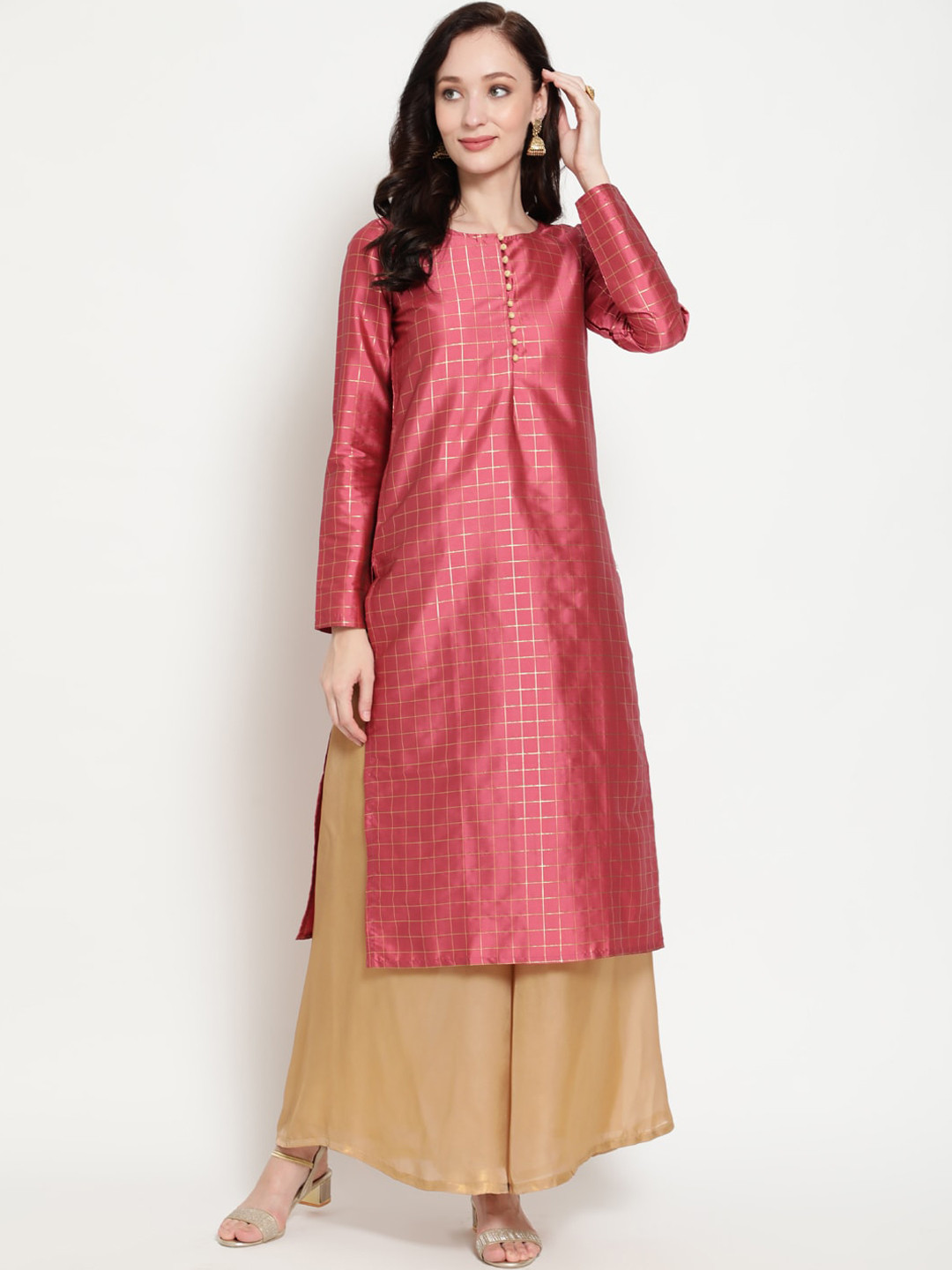 

antaran Women Pink Checked Kurta