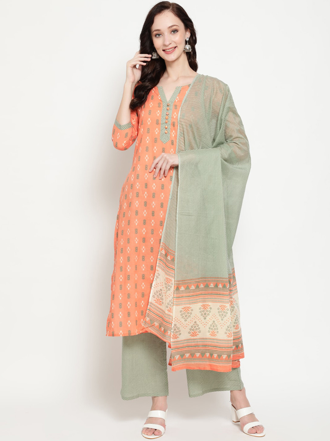 

antaran Women Peach-Coloured Printed Pure Cotton Kurta with Palazzos & With Dupatta