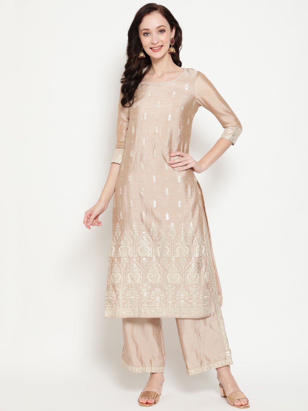 

antaran Women Beige Ethnic Motifs Embroidered Regular Chanderi Silk Kurta with Palazzos