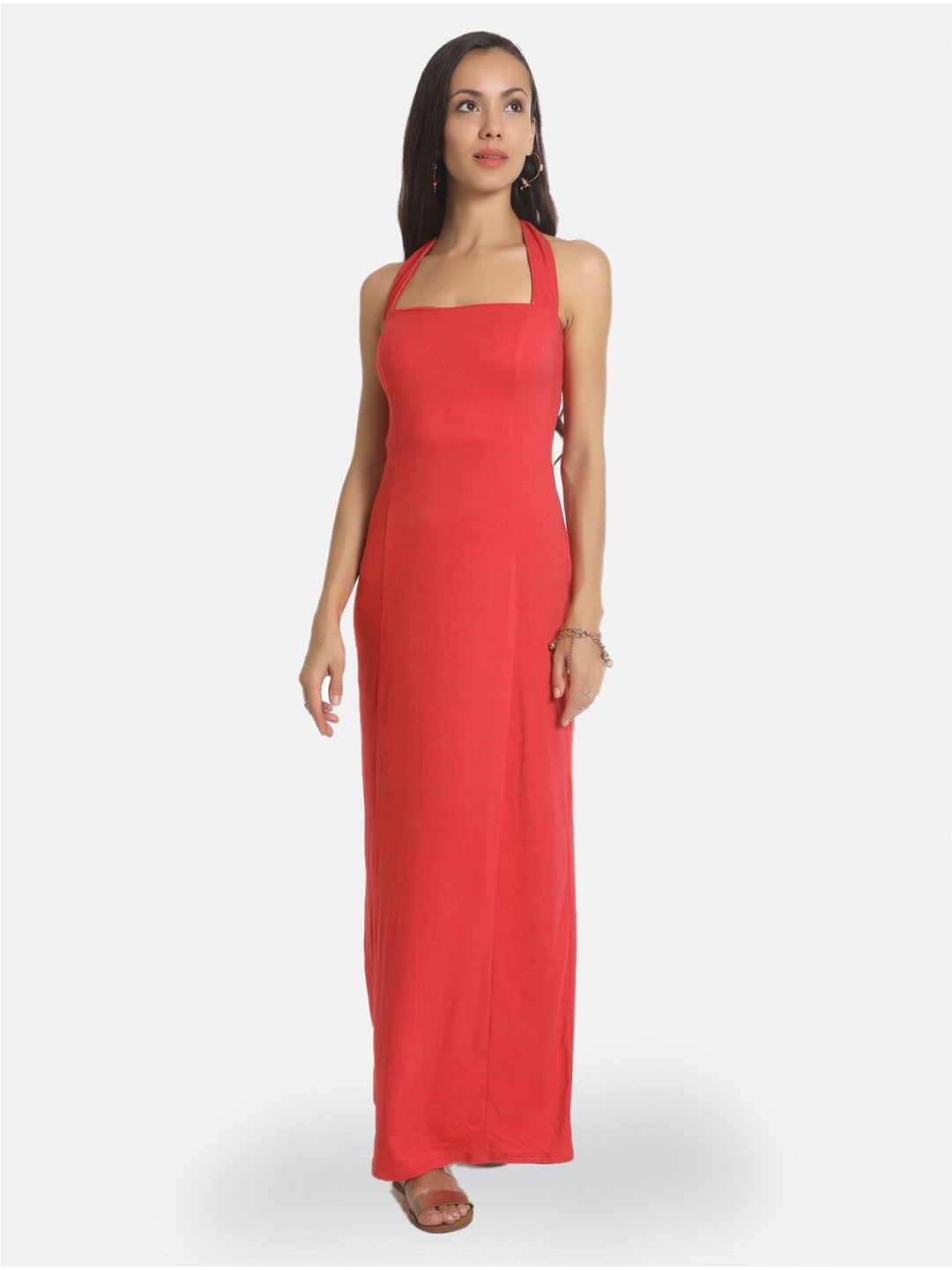 

AARA Coral Solid Halter Neck Maxi Dress