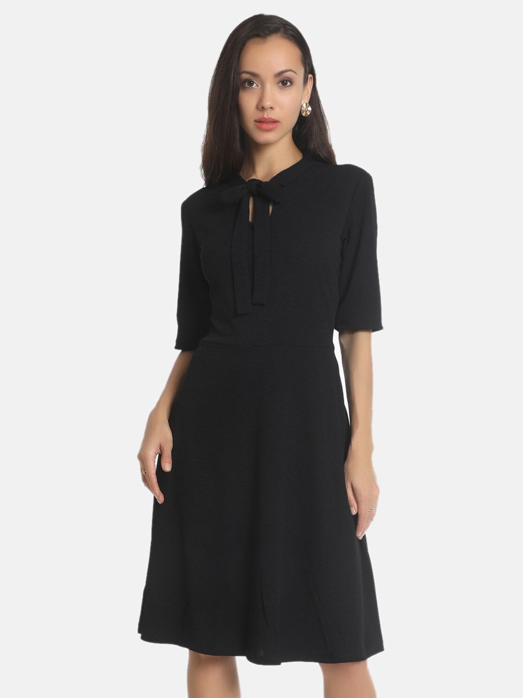 

AARA Black Tie-Up Neck Dress