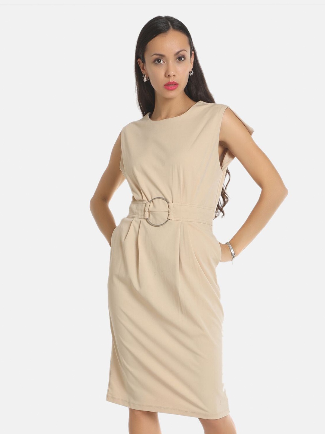 

AARA Beige Solid Sheath Dress