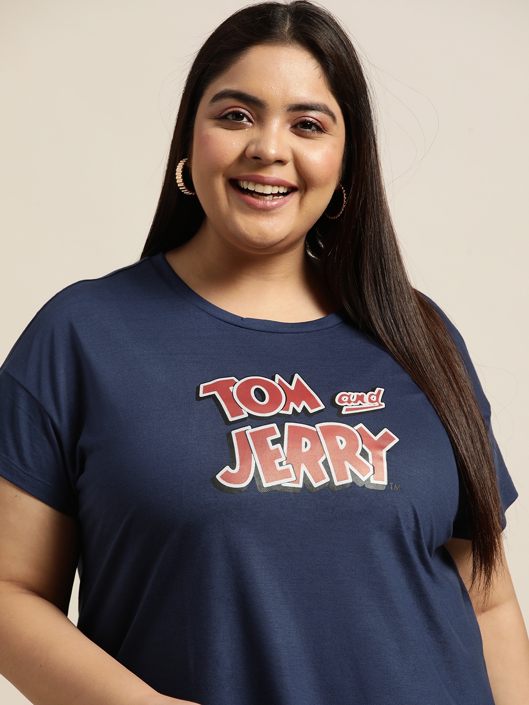 

Tom & Jerry By Sztori Women Plus Size Navy Blue & Maroon Printed T-shirt