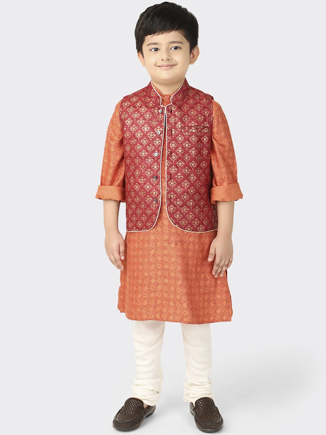 

Fabindia Boys Red & Gold-Coloured Printed Pure Silk Woven Nehru Jacket