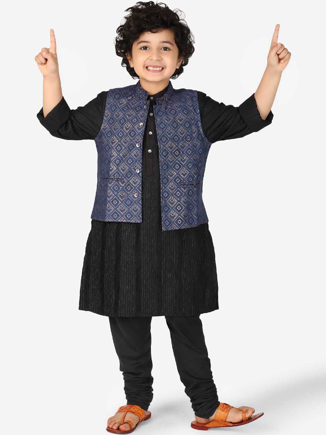 

Fabindia Boys Blue & Gold-Coloured Printed Woven Nehru Jacket