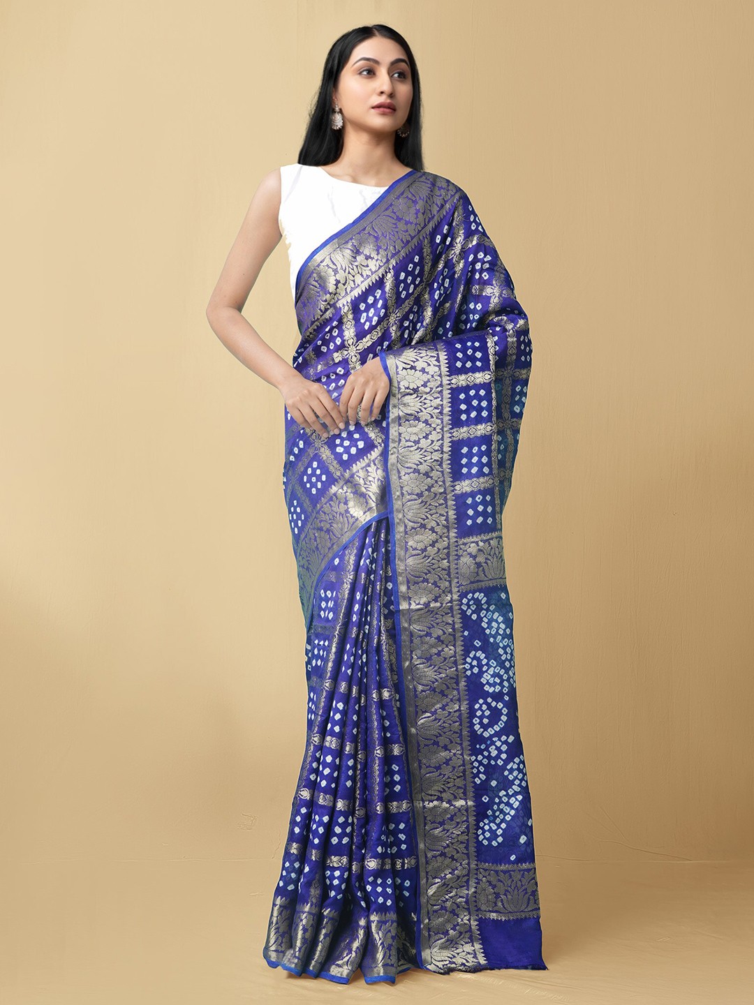 

Unnati Silks Blue & White Zari Silk Cotton Bandhani Saree