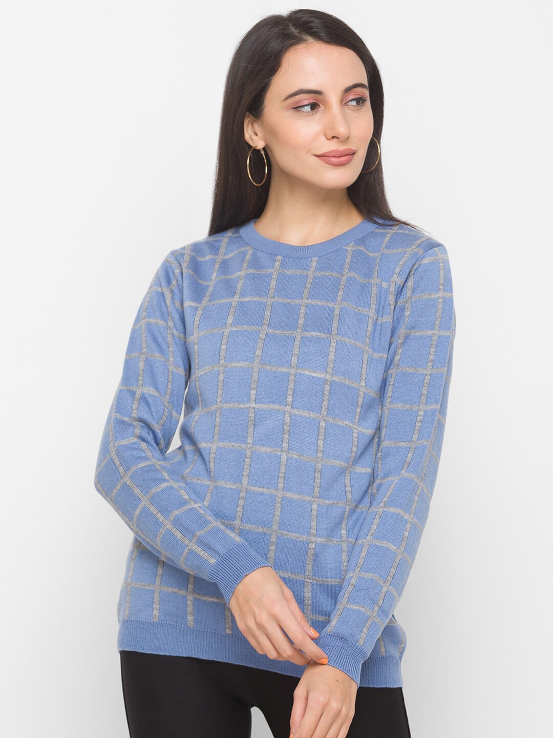 

Globus Women Blue & Grey Checked Acrylic Pullover Sweater