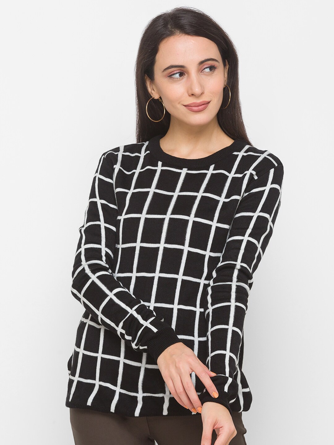 

Globus Women Black & White Checked Acrylic Pullover