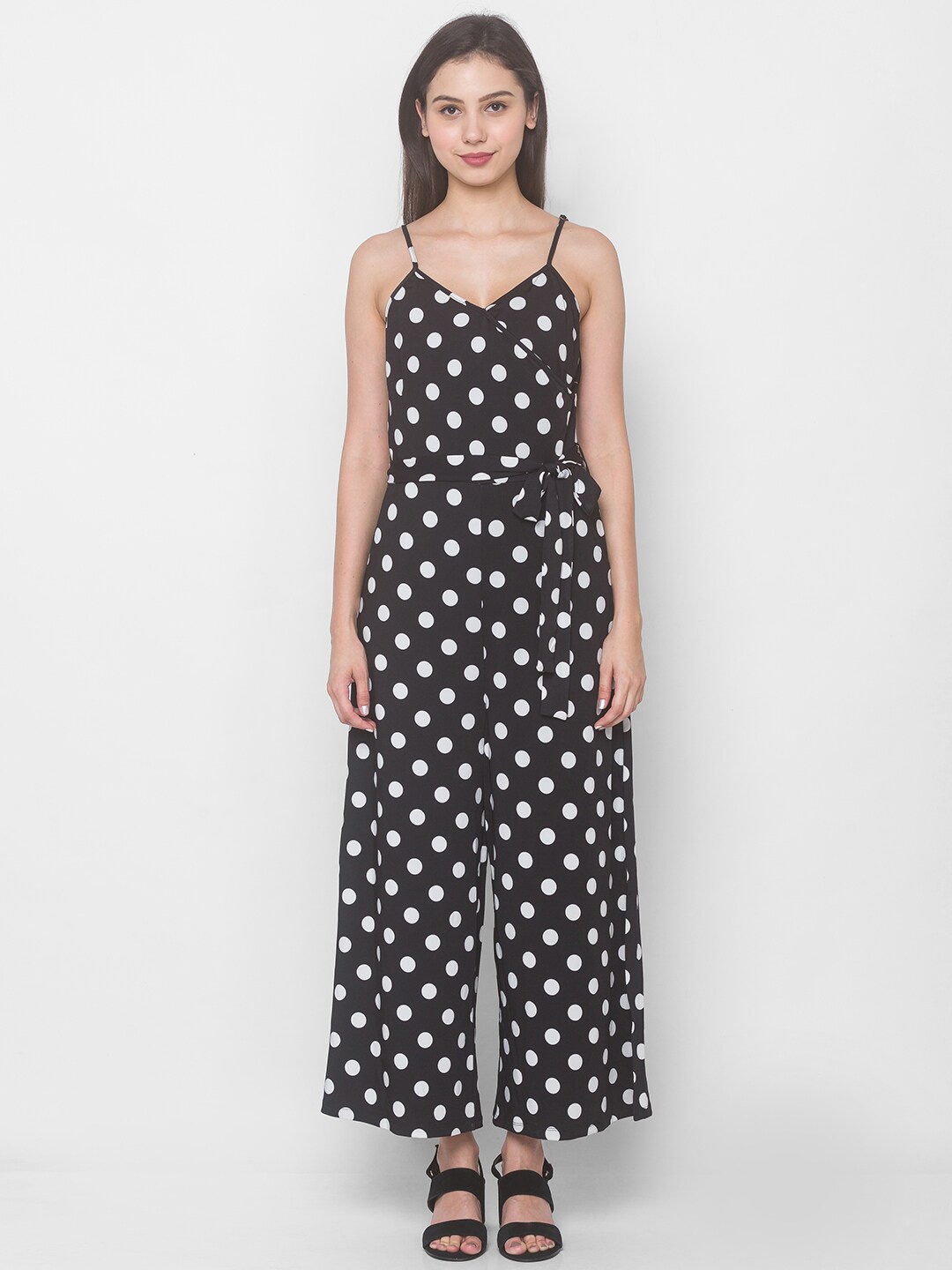 

Globus Black & White Polka Dot Printed Basic Jumpsuit
