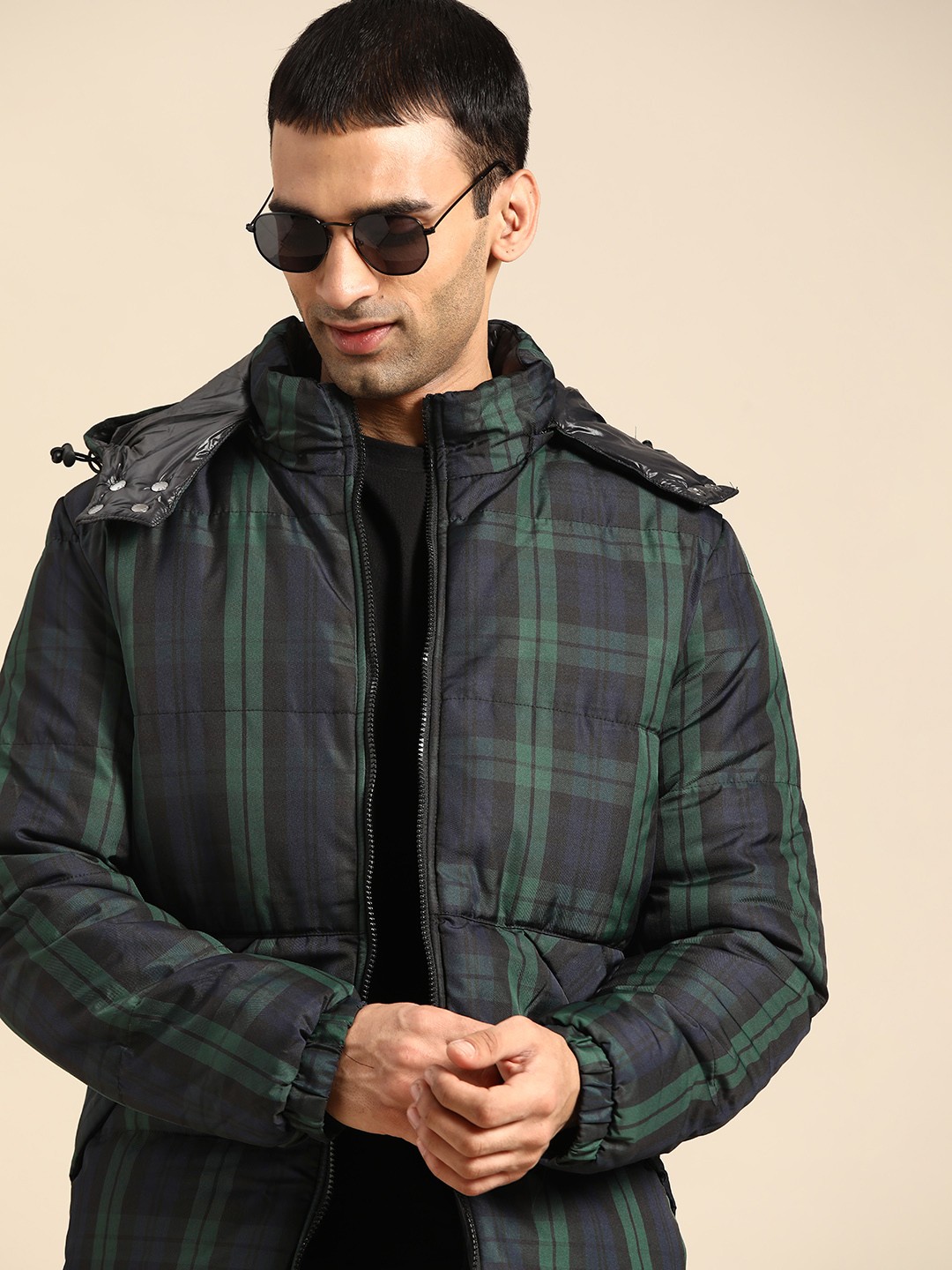 

United Colors of Benetton Men Black & Green Checked Padded Hooded Jacket