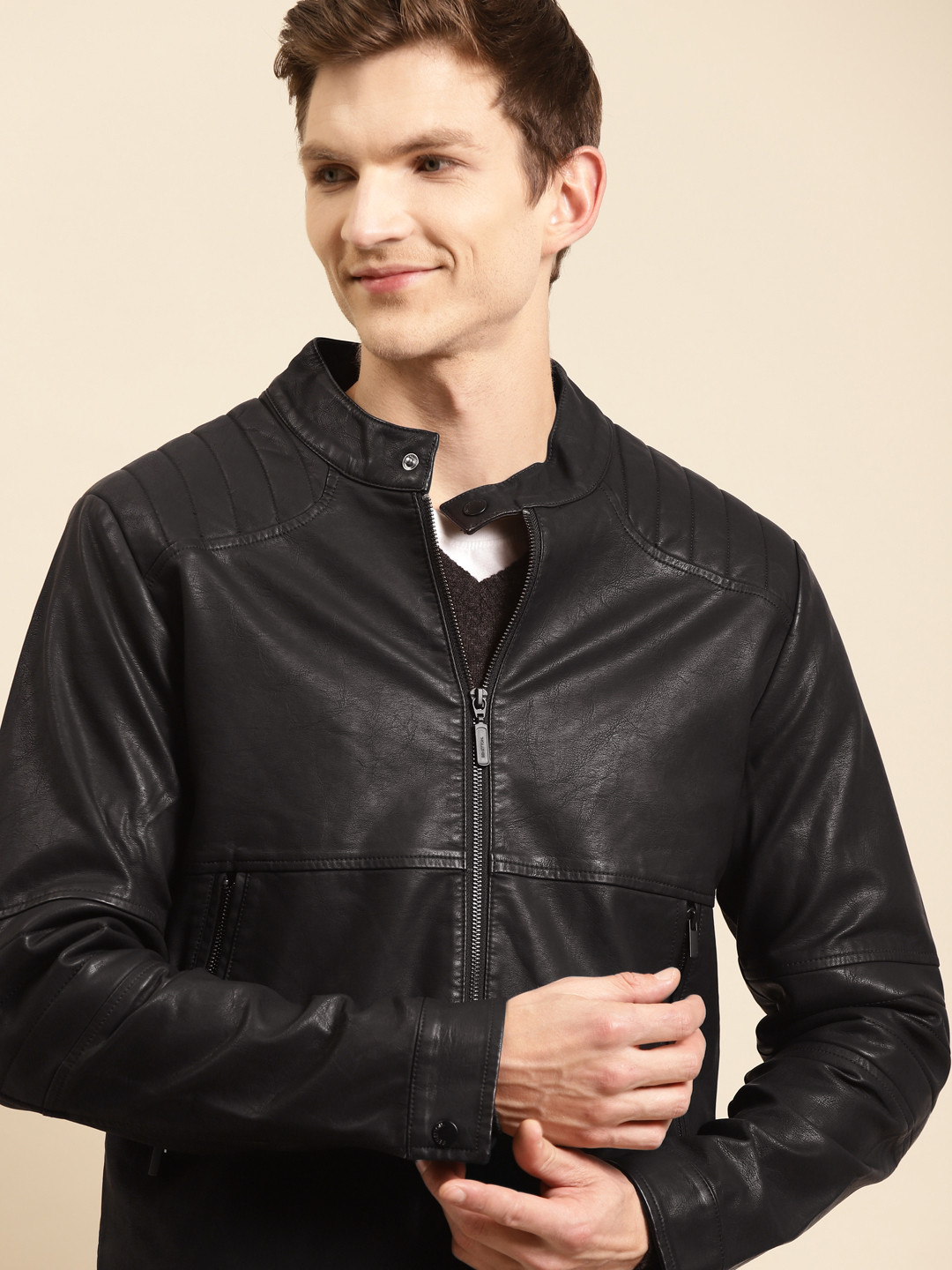 

United Colors of Benetton Men Black Solid Biker Jacket