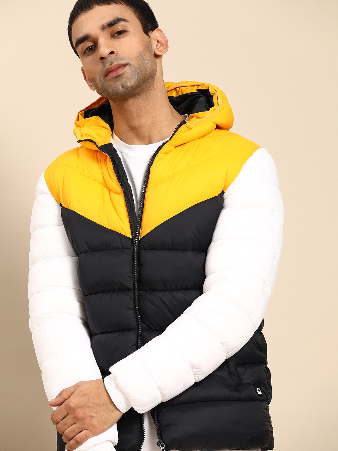 

United Colors of Benetton Men Black & Yellow Colourblocked Hooded Puffer Jacket