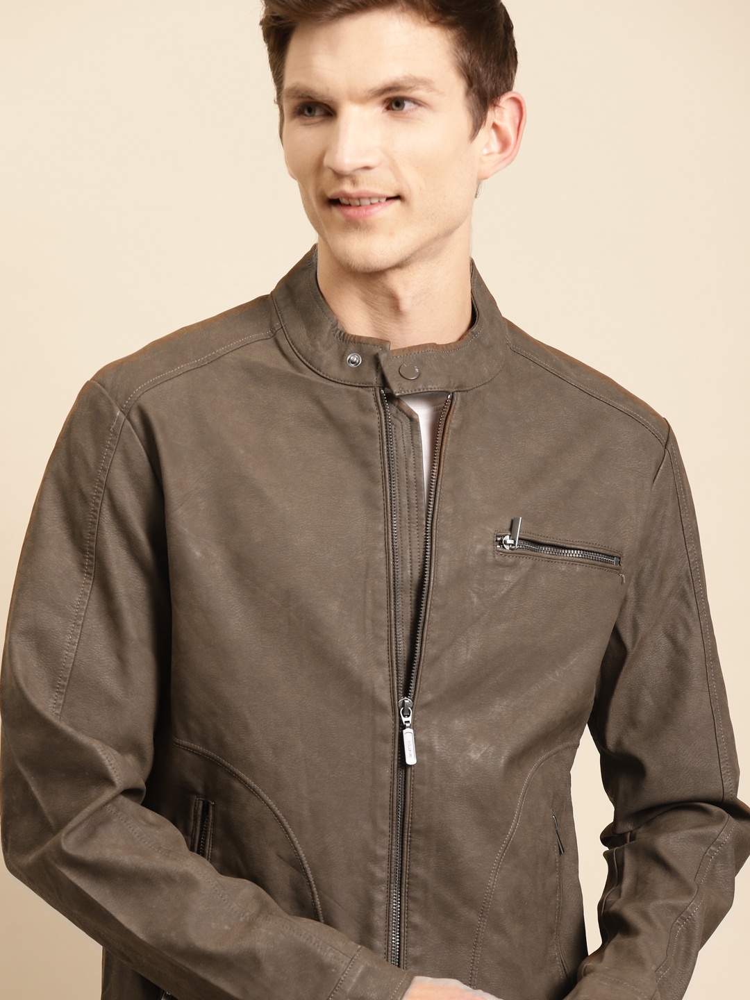 

United Colors of Benetton Men Olive Brown Solid Biker Jacket