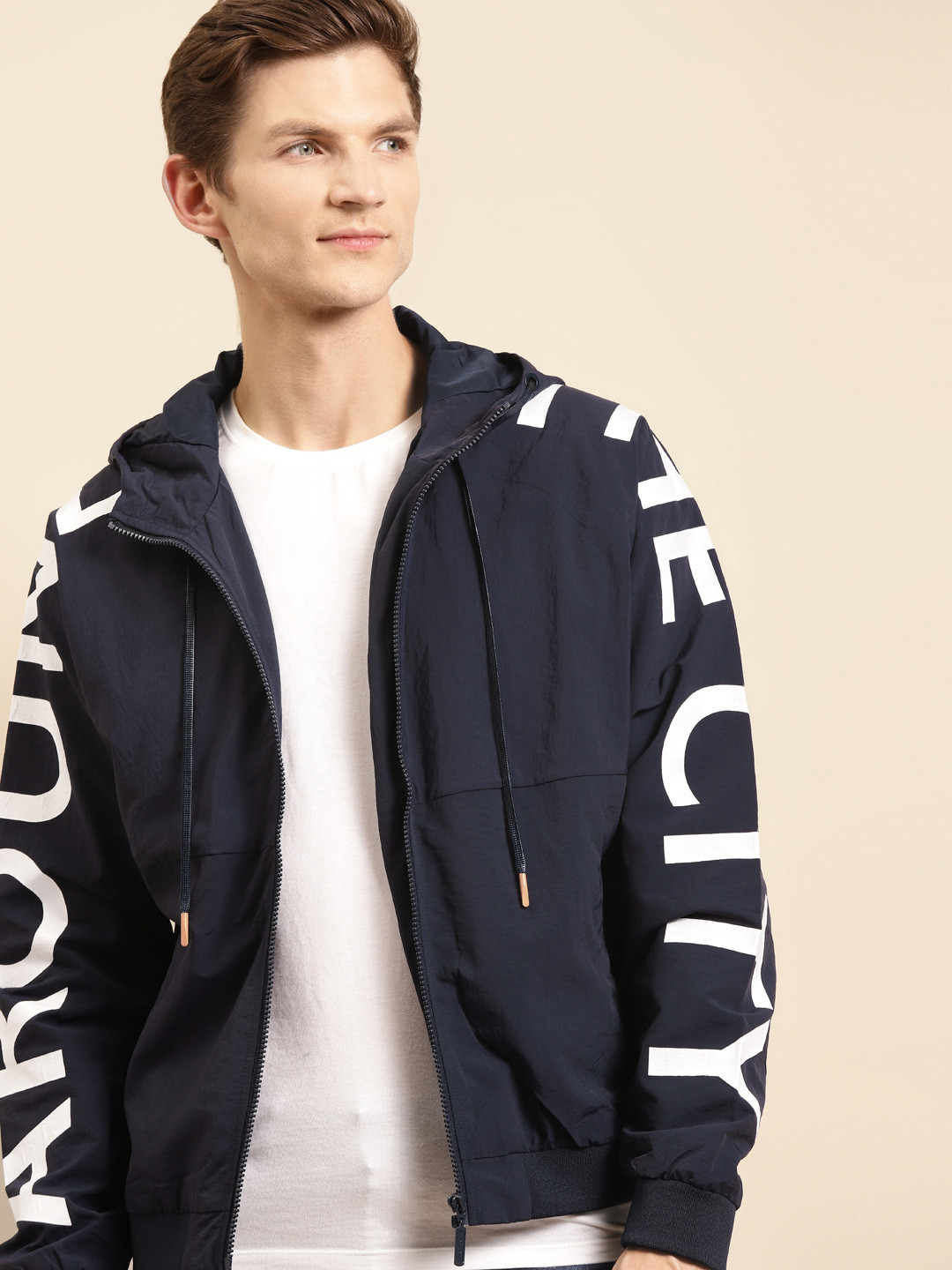 

United Colors of Benetton Men Navy Blue Printed Hooded Bomber Jacket