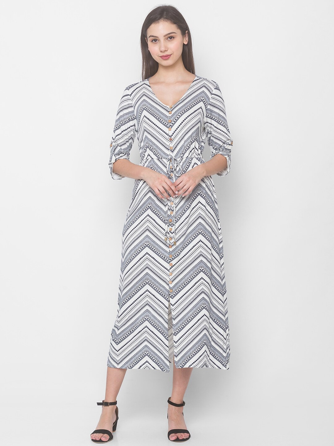 

Globus Women Navy Blue & White Chevron Printed Midi Shirt Dress
