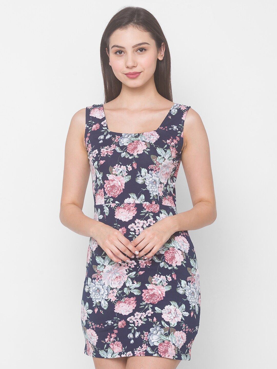 

Globus Navy Blue Floral Printed Regular Longline Top