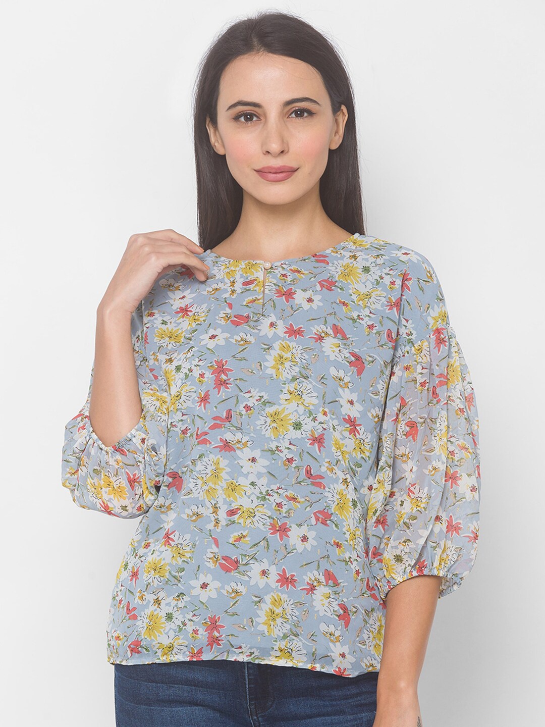 

Globus Women Blue Floral Printed Georgette Regular Top