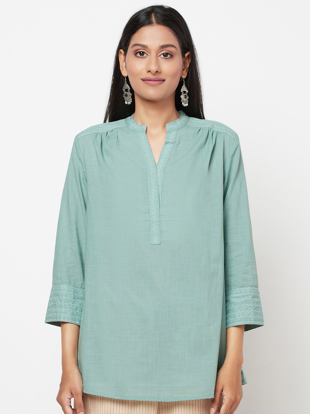 

Fabindia Green & White Printed Tunic