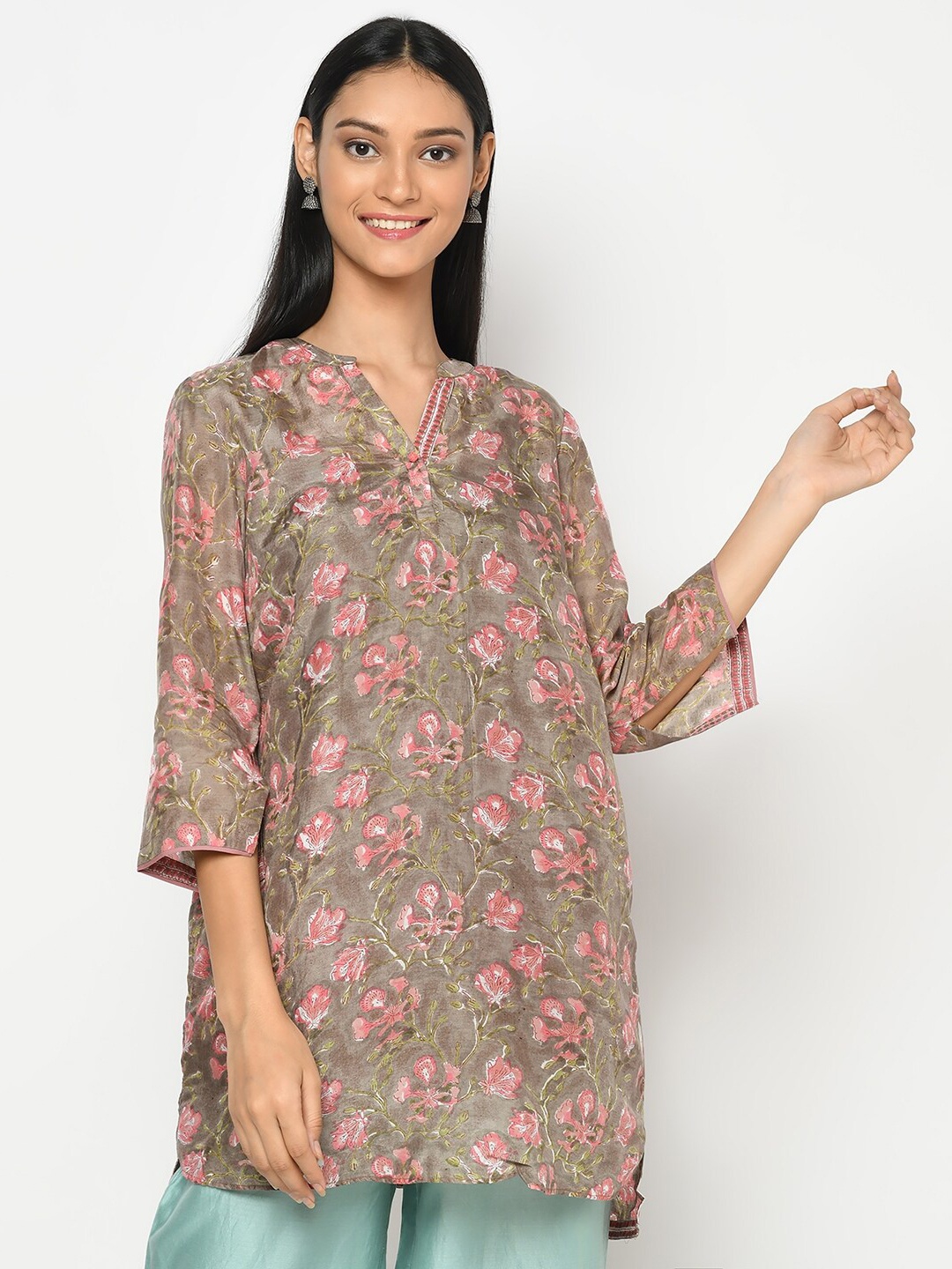 

Fabindia Green & Pink Modal Mandarin Collar Printed Tunic