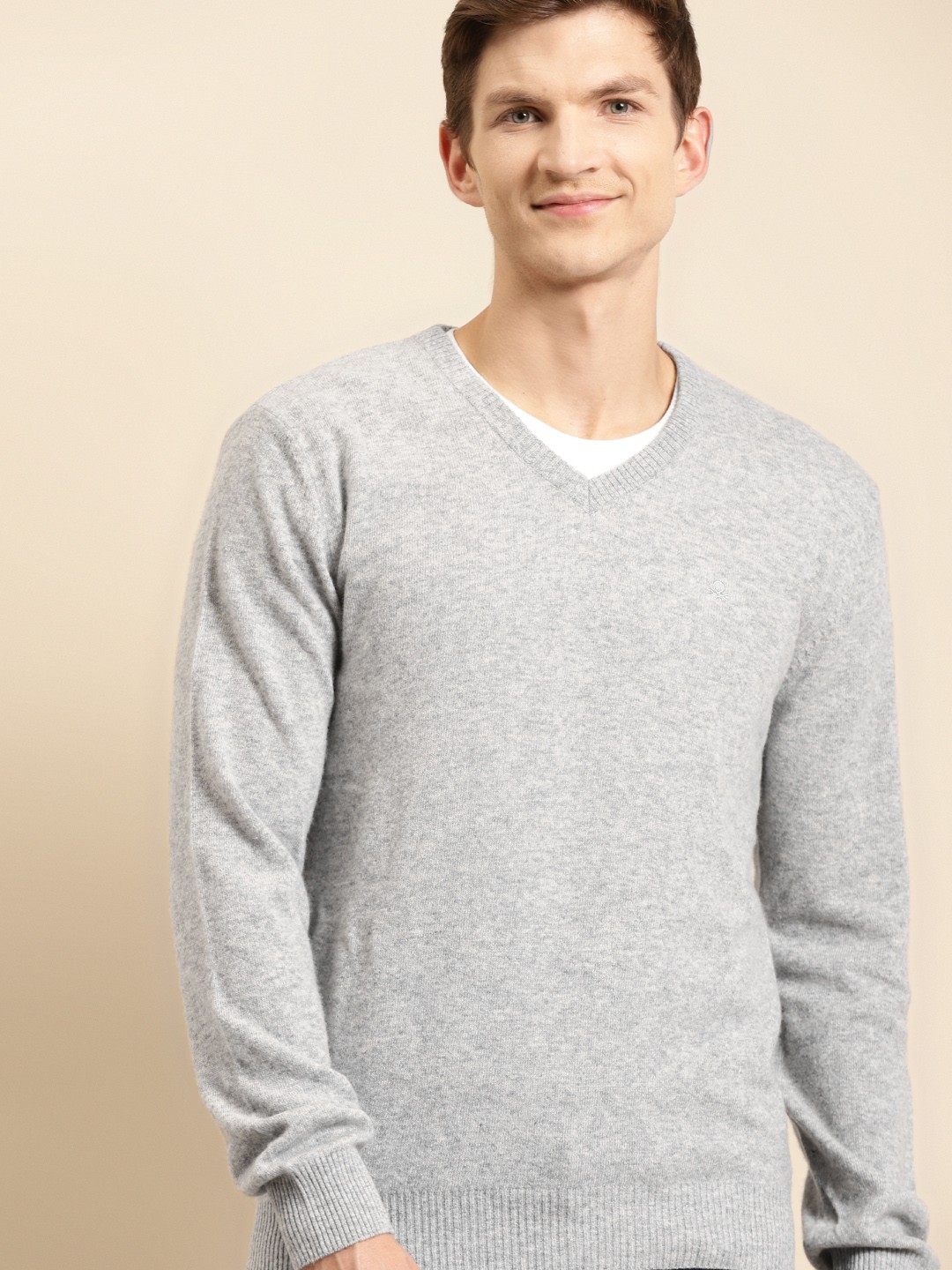 

United Colors of Benetton Men Grey Melange Solid Pullover