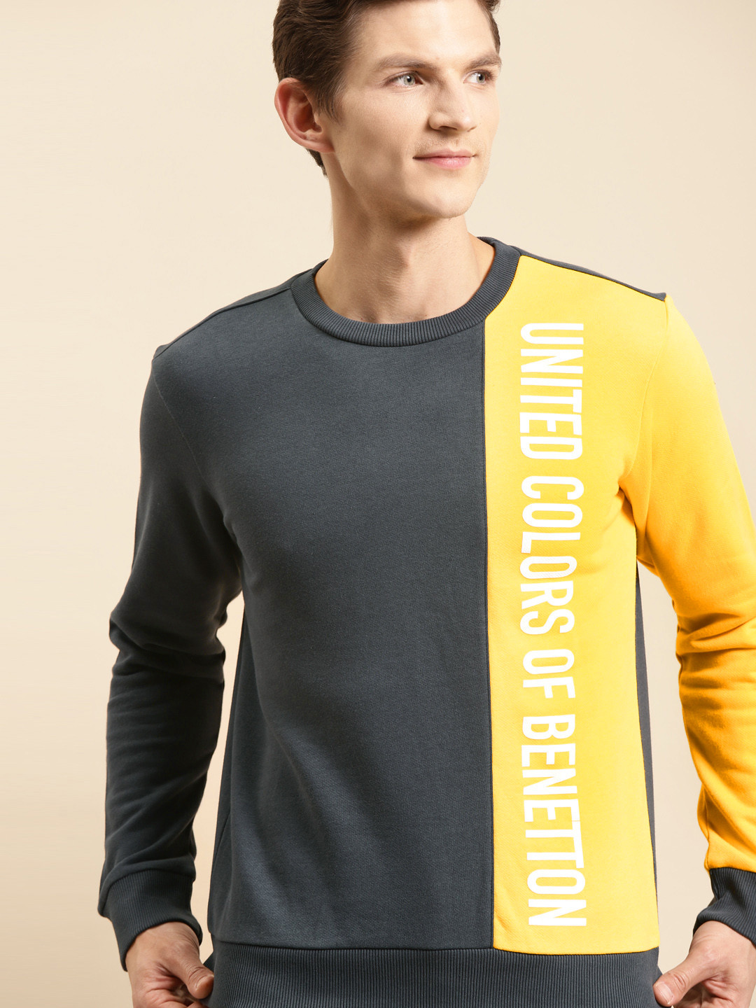 

United Colors of Benetton Men Charcoal Grey & Yellow Colourblocked Sweatshirt